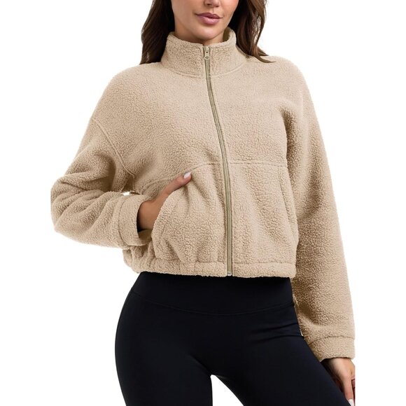 Women Zip Up Fleece Sherpa Jacket Coat Warm Cropped Casual Workout - Picture 1 of 7